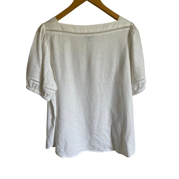 Ann Taylor Factory Size Large Petite White Boat Neck Short Puff Sleeve Linen Ble - Picture 2 of 8